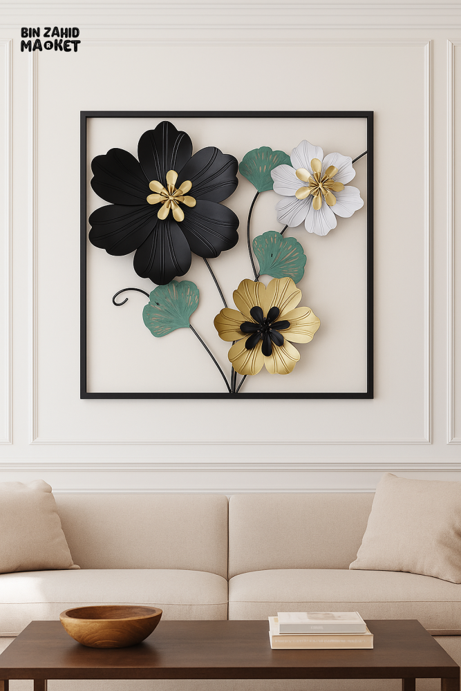 METAL FLOWER WALL ART DECOR – BLACK GOLD WHITE BLOOMS | LUXURY 3D FLORAL FRAME FOR VILLA INTERIOR WALL DECORATION