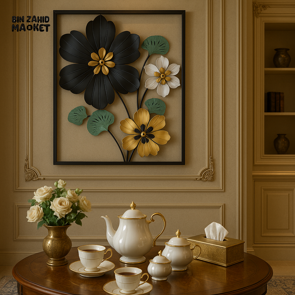 METAL FLOWER WALL ART DECOR – BLACK GOLD WHITE BLOOMS | LUXURY 3D FLORAL FRAME FOR VILLA INTERIOR WALL DECORATION