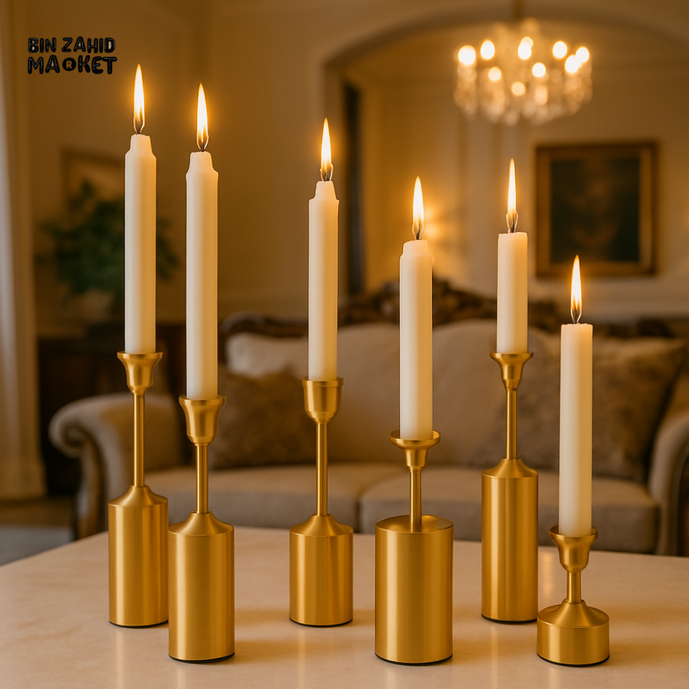 METAL GOLDEN CANDLE HOLDER 6 PIECES SET – LUXURY DECORATIVE CANDLE STANDS FOR HOME & EVENTS