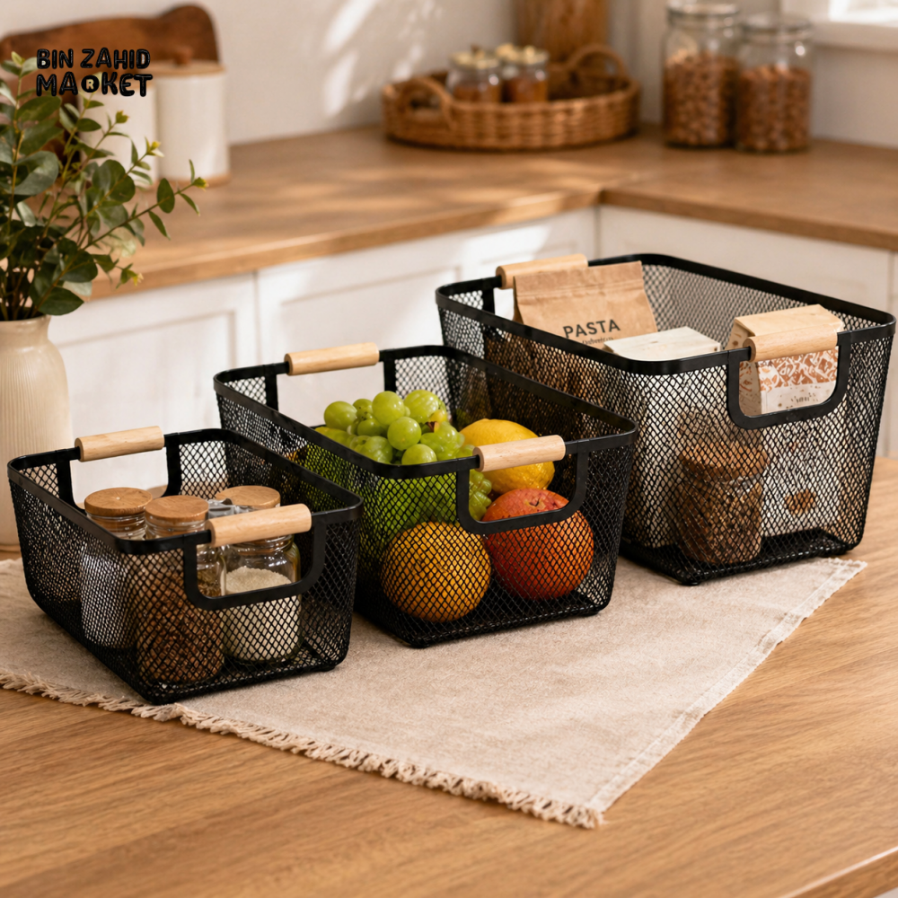 METAL STORAGE ORGANIZER BASKET SET WITH HANDLES