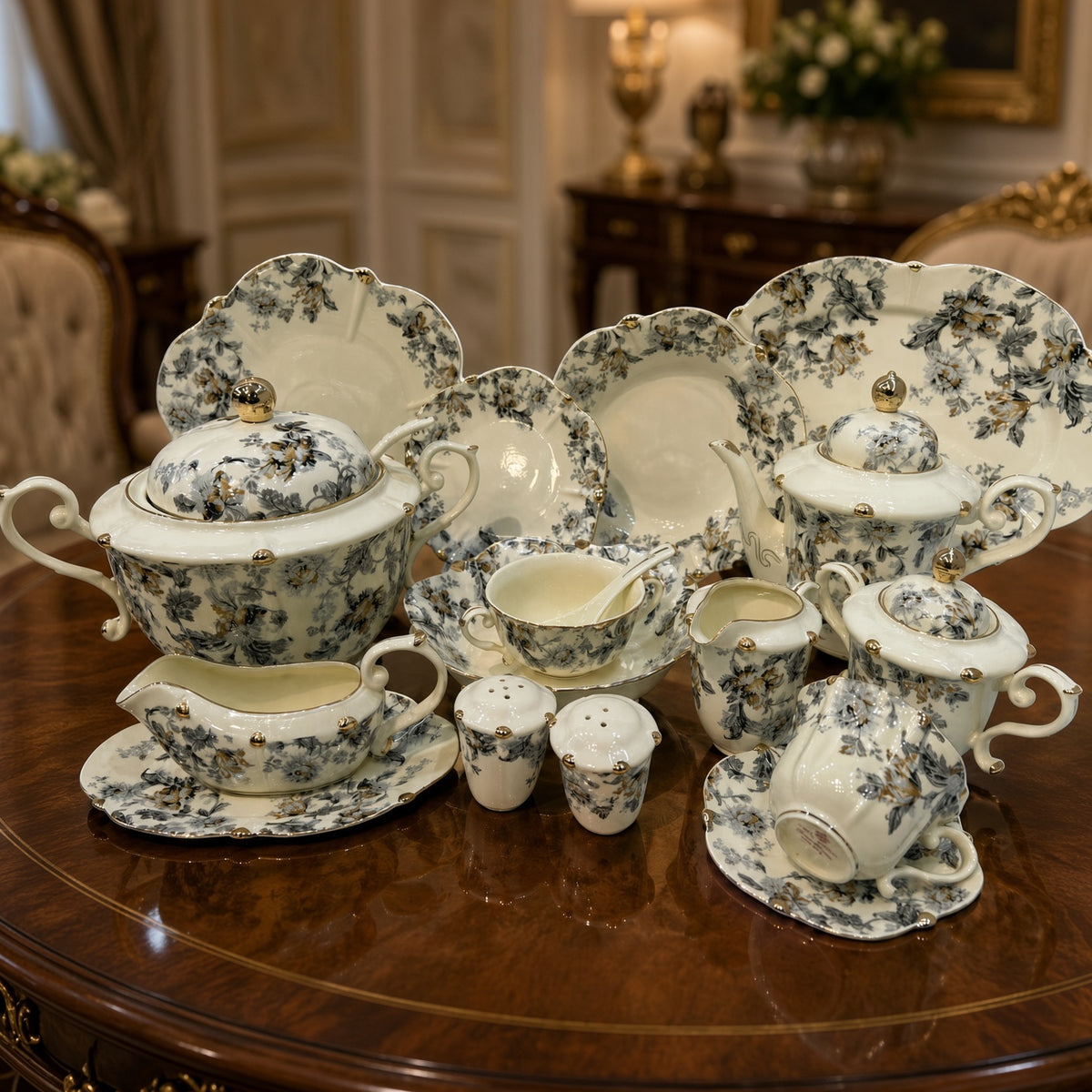Royal Albert Inspired Blue Gold Floral Patterns 75 Pieces 8 Person Serving Dinner Set
