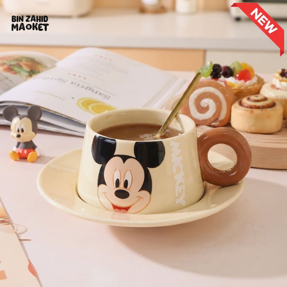 MICKEY MOUSE CERAMIC COFFEE CUP & SAUCER SET WITH DONUT HANDLE