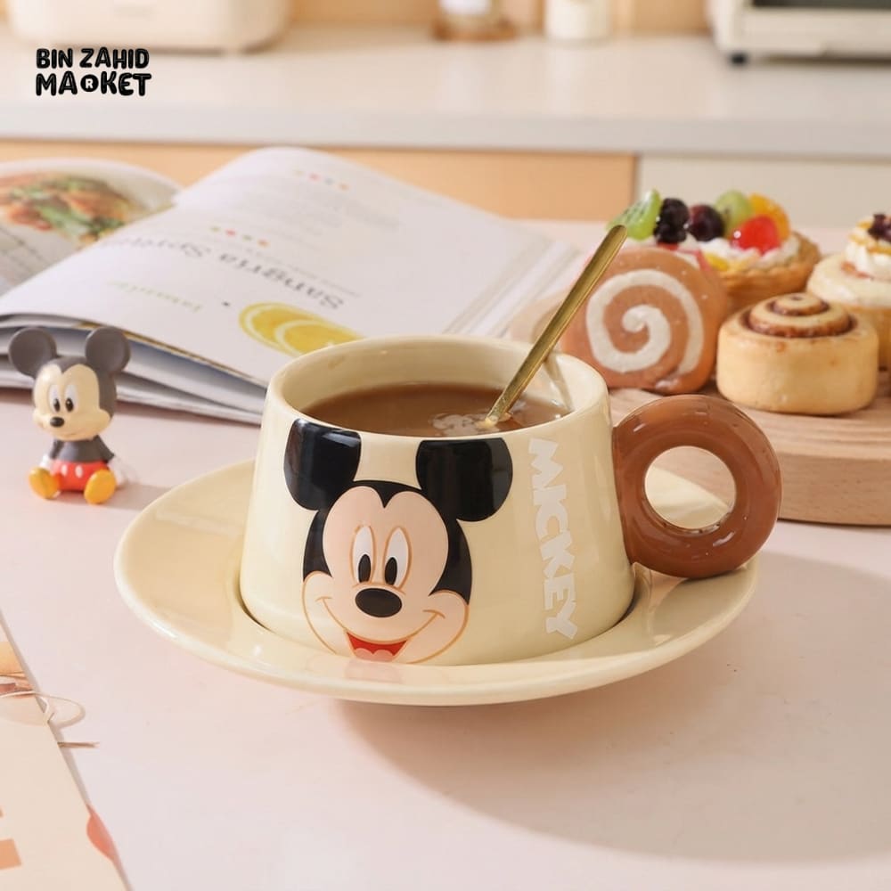 MICKEY MOUSE CERAMIC COFFEE CUP & SAUCER SET WITH DONUT HANDLE