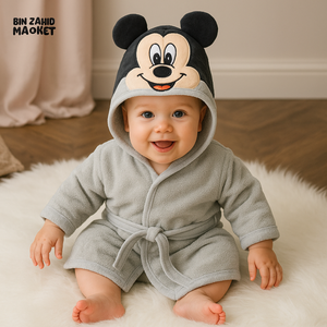 MICKEY MOUSE HOODED BATHROBE FOR 6 MONTHS+ BABY – SOFT COTTON TOWEL ROBE WITH BELT & EARS DESIGN - GRAY MICKEY