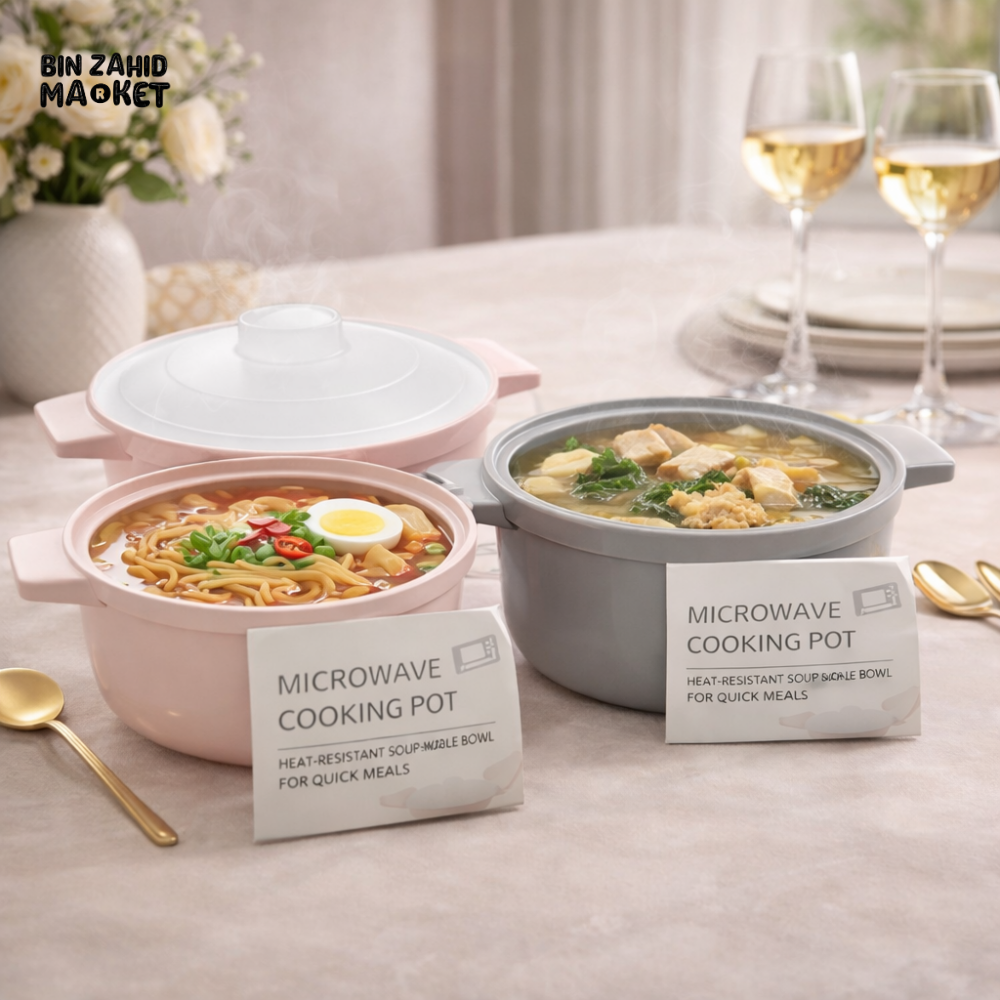 MICROWAVE PLASTIC COOKING POT WITH LID 2 PIECES SET – HEAT-RESISTANT SOUP & NOODLE BOWL FOR QUICK MEALS