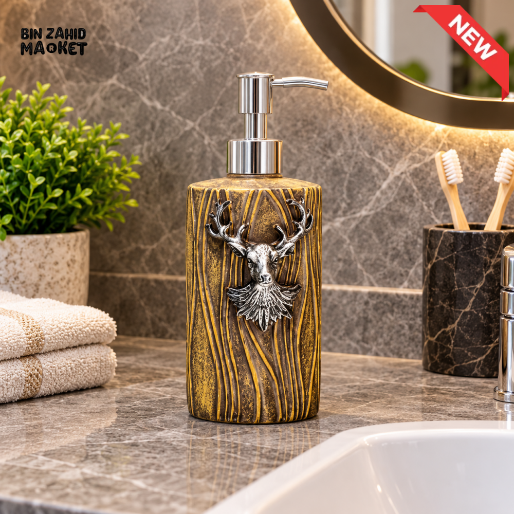 MIMO DEER DESIGN WOOD EFFECT LIQUID SOAP DISPENSER WITH SILVER PUMP