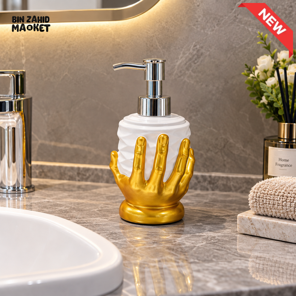 MIMO GOLDEN HAND DESIGN LIQUID SOAP DISPENSER WITH SILVER PUMP