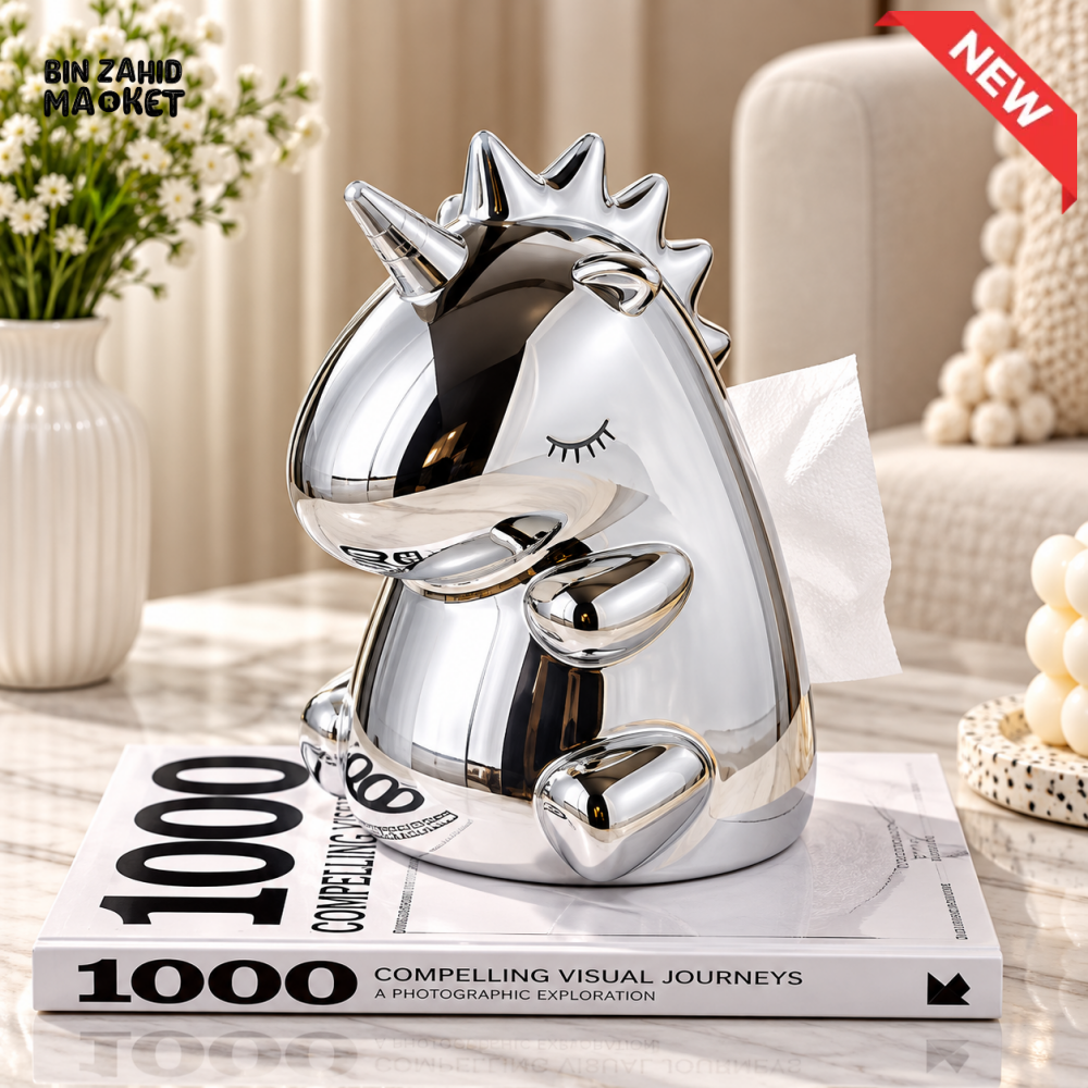 MIMO MIRROR-FINISH UNICORN-SHAPED DECORATIVE TISSUE BOX HOLDER – SILVER