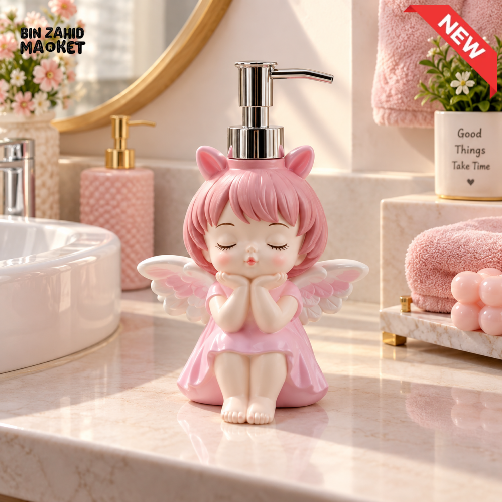 MIMO PINK ANGEL GIRL DECORATIVE SOAP DISPENSER WITH SILVER PUMP