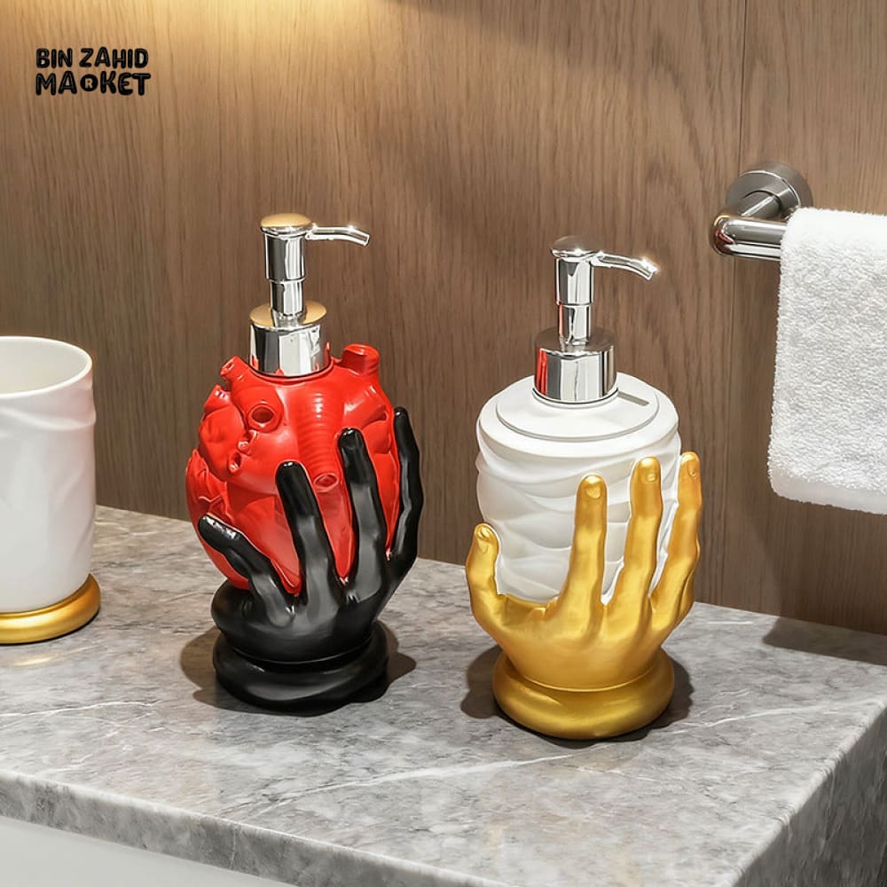 MIMO PVC RESIN BLACK HAND RED HEART DESIGN LIQUID SOAP DISPENSER WITH SILVER PUMP - Soap & Toothbrush Accessories