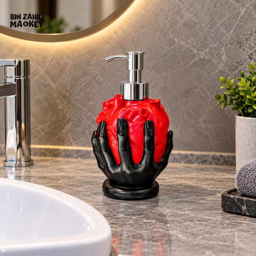 MIMO BLACK HAND RED HEART DESIGN LIQUID SOAP DISPENSER WITH SILVER PUMP