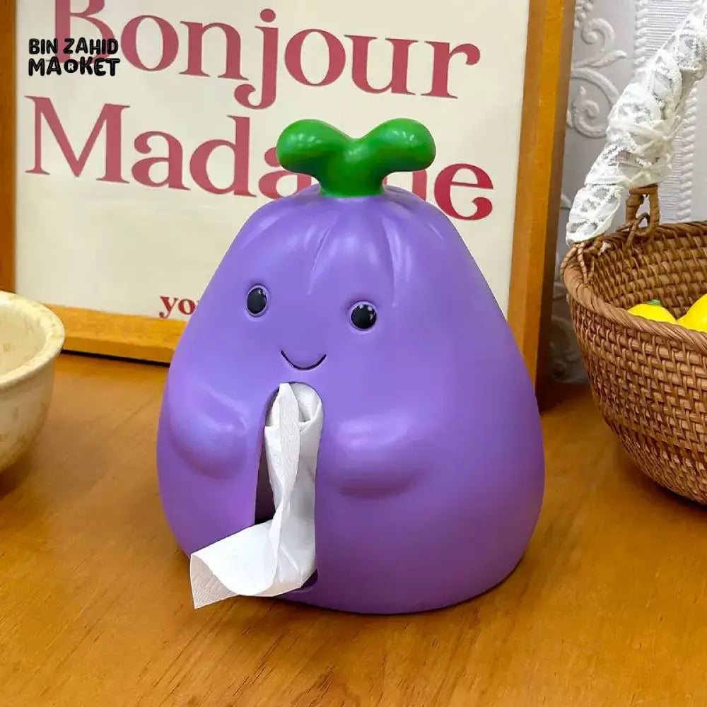 MIMO PVC RESIN CUTE EGGPLANT-SHAPED DECORATIVE TISSUE BOX HOLDER – PURPLE & GREEN - Tissue Boxes