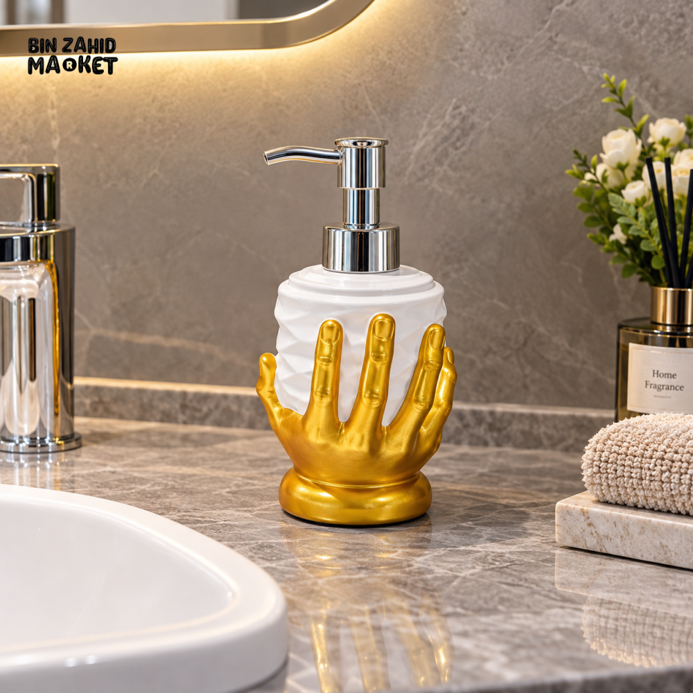 MIMO GOLDEN HAND DESIGN LIQUID SOAP DISPENSER WITH SILVER PUMP