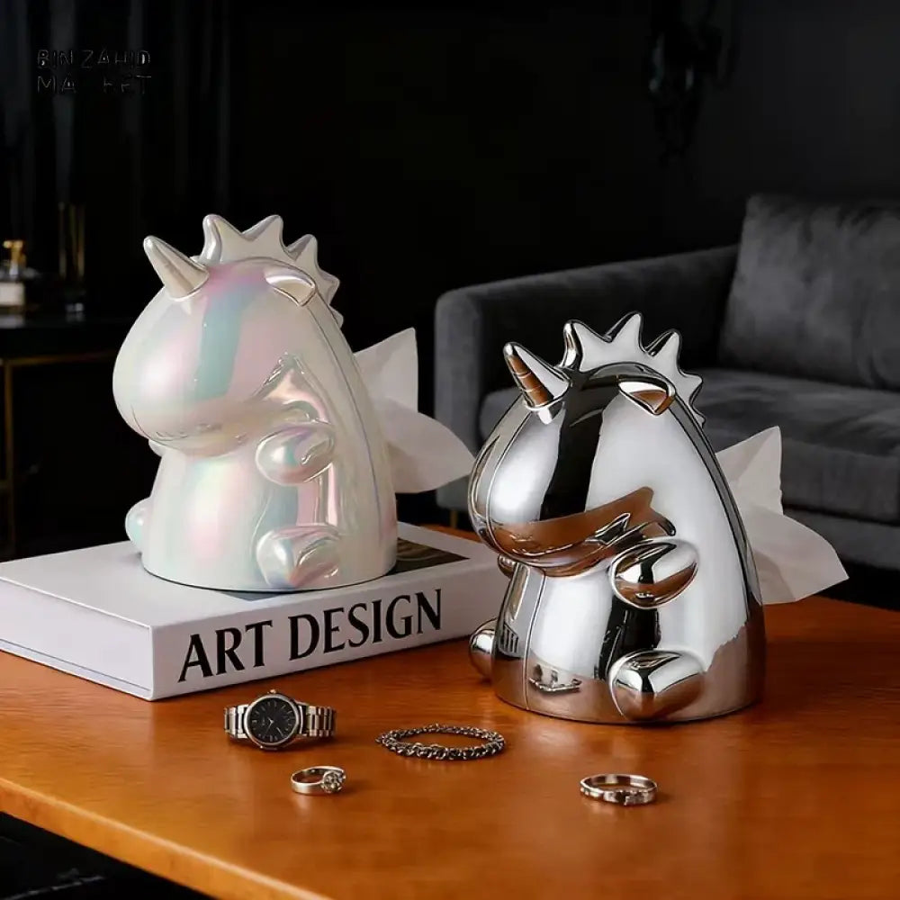 MIMO PVC RESIN MIRROR-FINISH UNICORN-SHAPED DECORATIVE TISSUE BOX HOLDER – SILVER - Tissue Boxes