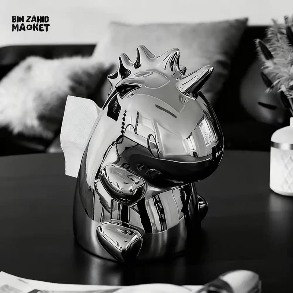 MIMO PVC RESIN MIRROR-FINISH UNICORN-SHAPED DECORATIVE TISSUE BOX HOLDER – SILVER - Tissue Boxes