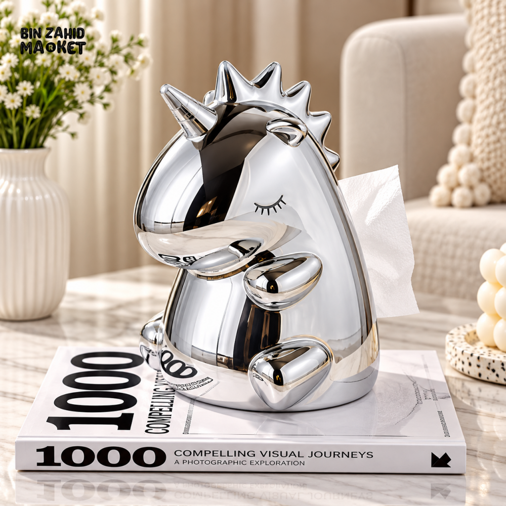 MIMO MIRROR-FINISH UNICORN-SHAPED DECORATIVE TISSUE BOX HOLDER – SILVER