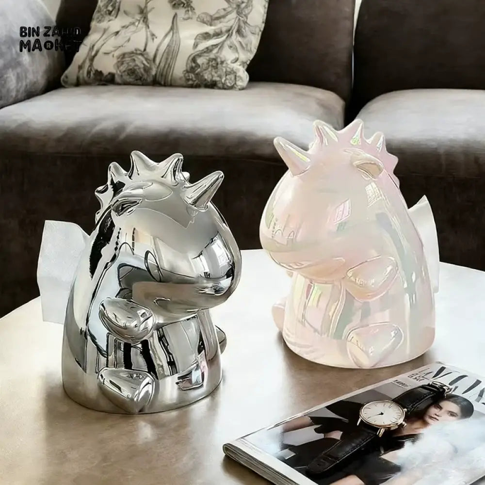MIMO PVC RESIN MIRROR-FINISH UNICORN-SHAPED DECORATIVE TISSUE BOX HOLDER – SILVER - Tissue Boxes