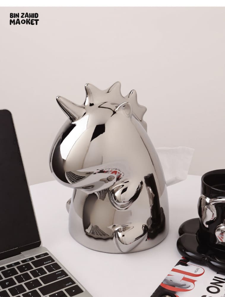 MIMO PVC RESIN MIRROR-FINISH UNICORN-SHAPED DECORATIVE TISSUE BOX HOLDER – SILVER - Tissue Boxes