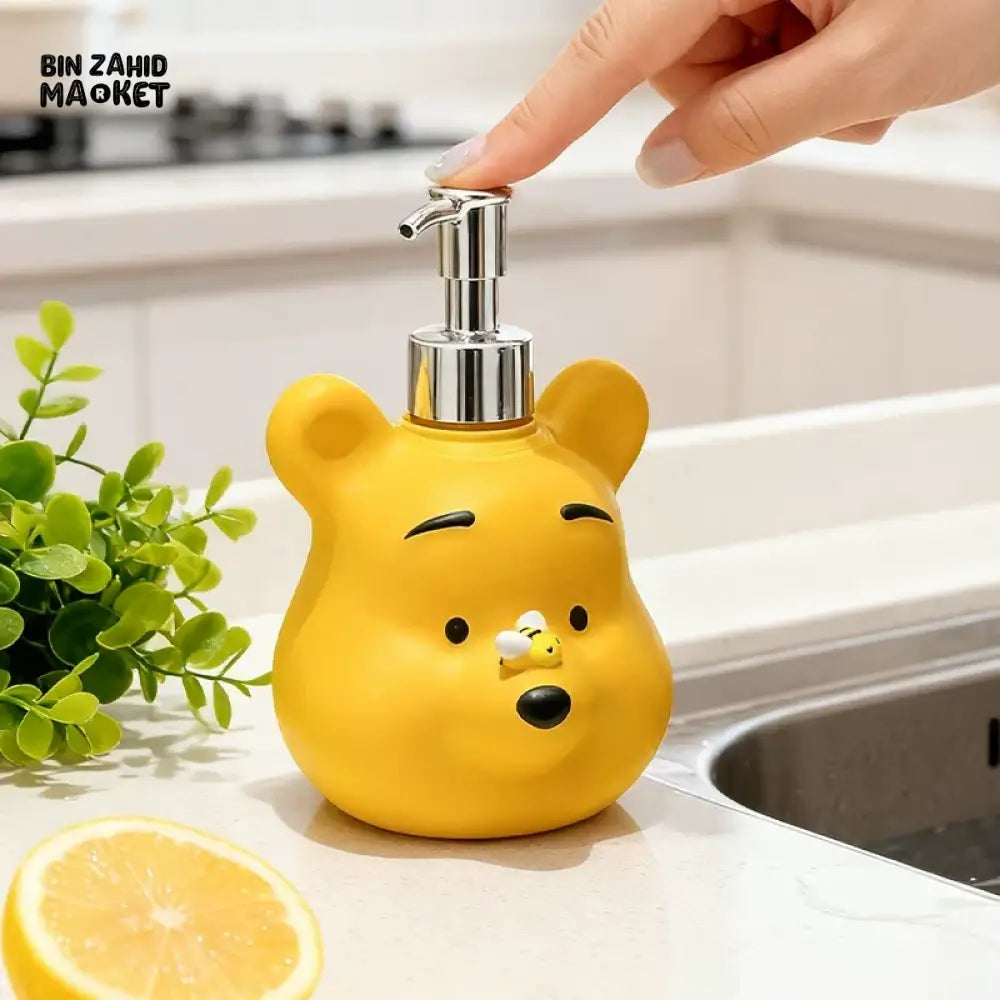 MIMO PVC RESIN YELLOW BEAR DESIGN LIQUID SOAP DISPENSER WITH SILVER PUMP - Soap & Toothbrush Accessories