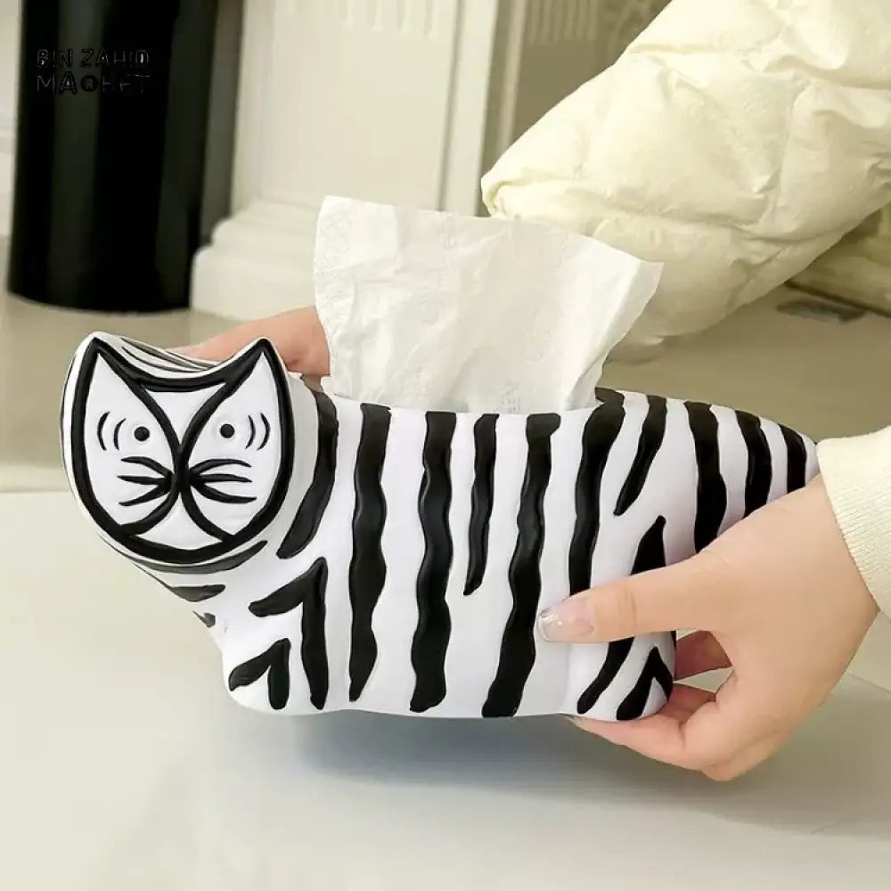 MIMO PVC RESIN ZEBRA-STRIPE CAT-SHAPED DECORATIVE TISSUE BOX HOLDER – BLACK & WHITE - Tissue Boxes