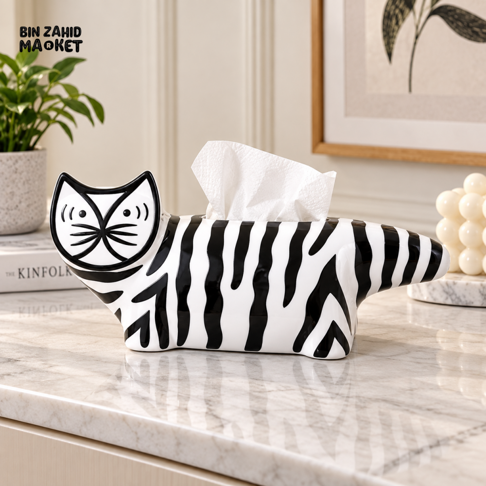 MIMO ZEBRA-STRIPE CAT-SHAPED DECORATIVE TISSUE BOX HOLDER – BLACK & WHITE