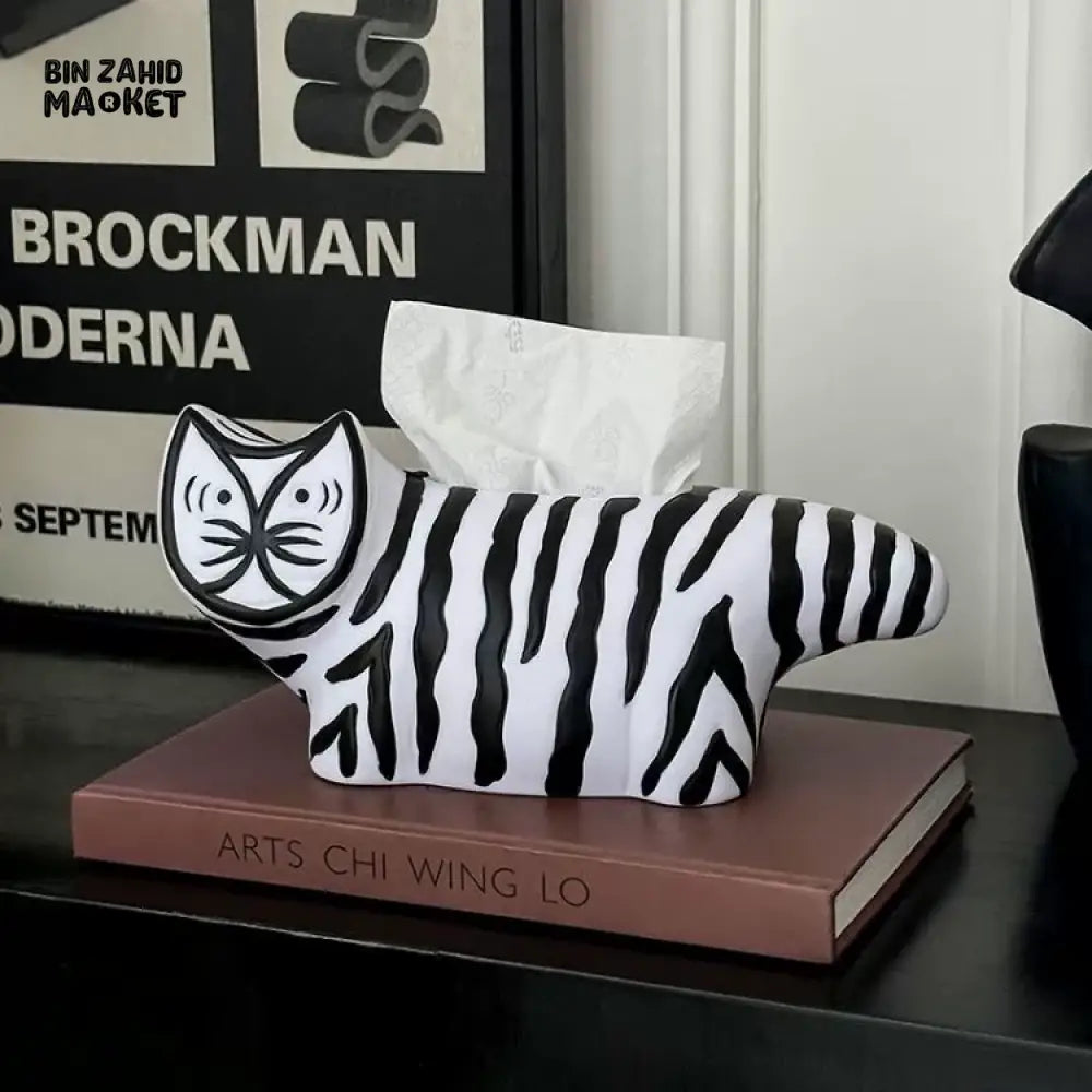 MIMO PVC RESIN ZEBRA-STRIPE CAT-SHAPED DECORATIVE TISSUE BOX HOLDER – BLACK & WHITE - Tissue Boxes