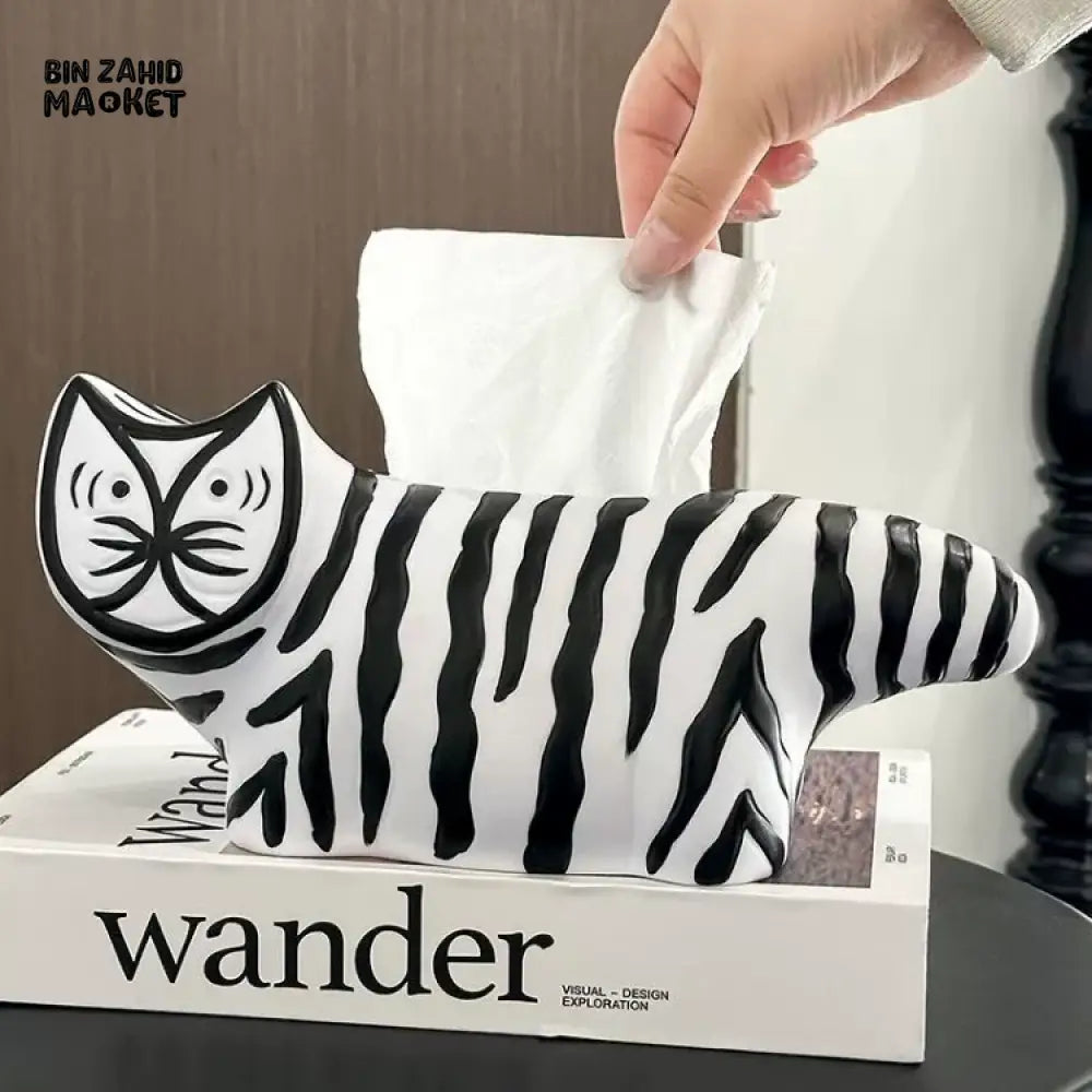 MIMO PVC RESIN ZEBRA-STRIPE CAT-SHAPED DECORATIVE TISSUE BOX HOLDER – BLACK & WHITE - Tissue Boxes
