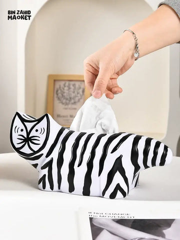 MIMO PVC RESIN ZEBRA-STRIPE CAT-SHAPED DECORATIVE TISSUE BOX HOLDER – BLACK & WHITE - Tissue Boxes