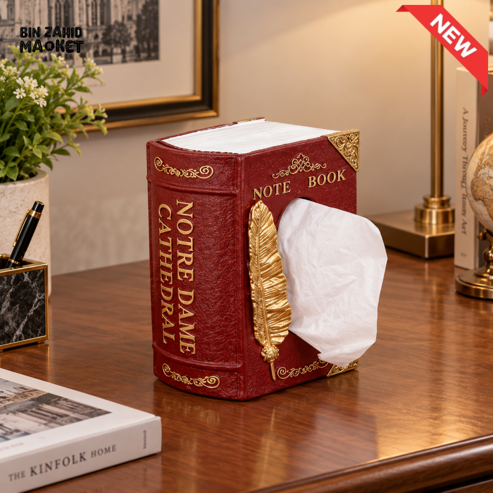 MIMO VINTAGE BOOK DESIGN DECORATIVE TISSUE BOX WITH GOLDEN FEATHER DETAIL