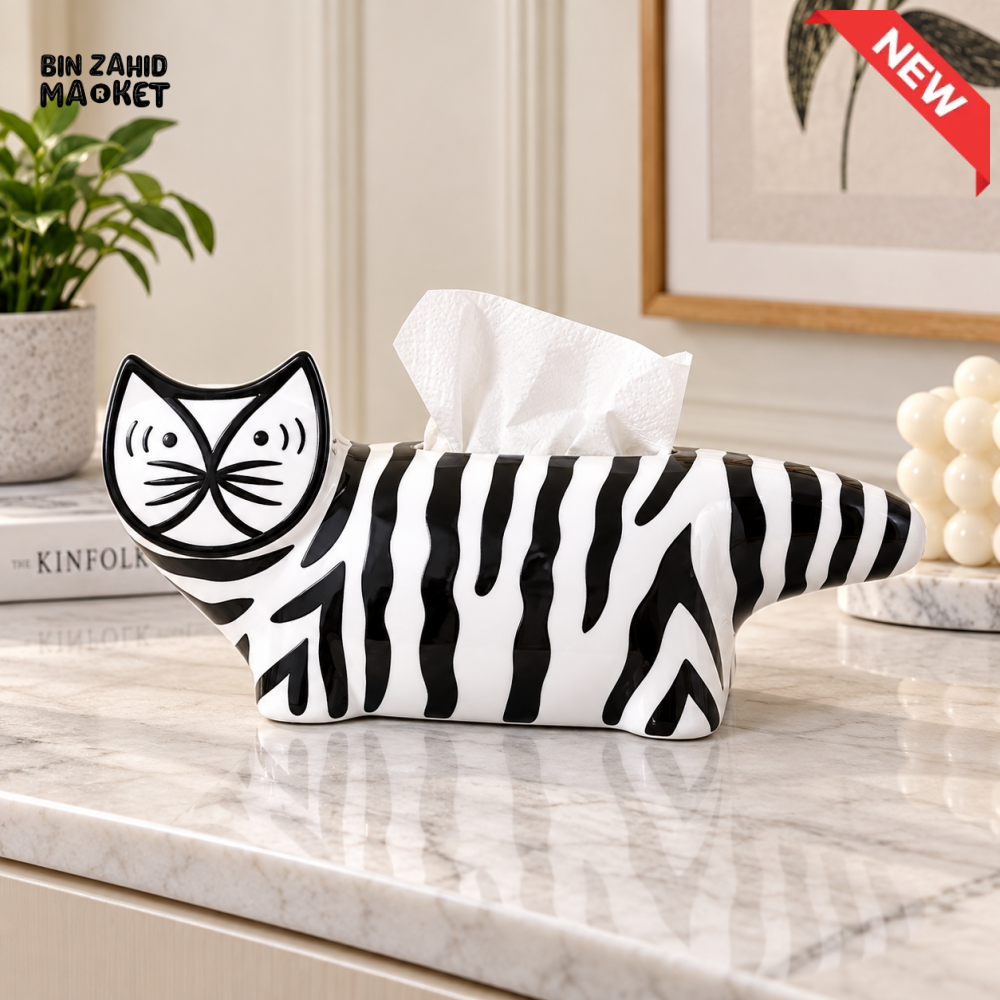 MIMO ZEBRA-STRIPE CAT-SHAPED DECORATIVE TISSUE BOX HOLDER – BLACK & WHITE
