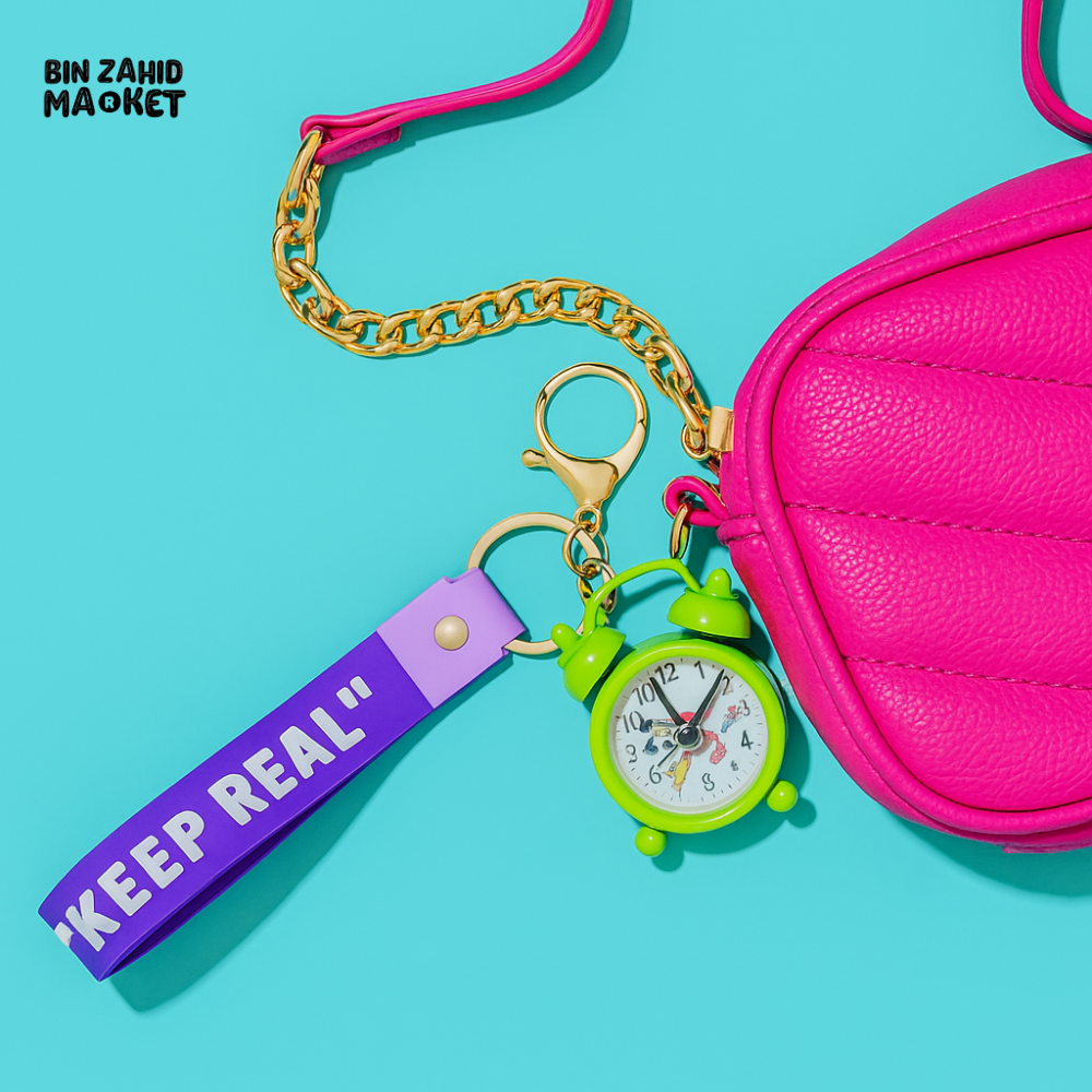 MINI ALARM CLOCK KEYCHAIN WITH “KEEP REAL” STRAP – AESTHETIC BAG CHARM - Clocks