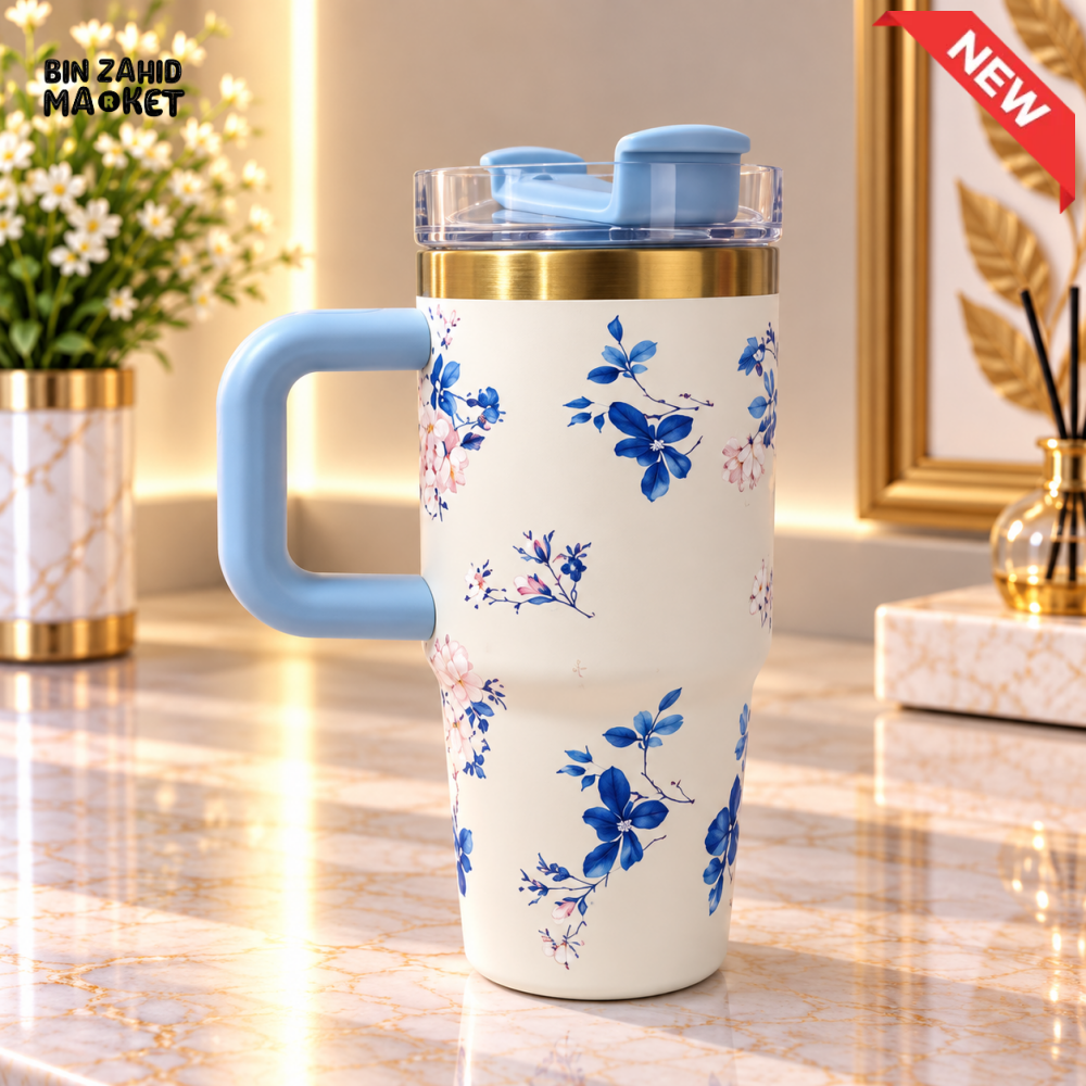 MINI CREAM & BLUE FLORAL STAINLESS STEEL INSULATED TUMBLER WITH HANDLE