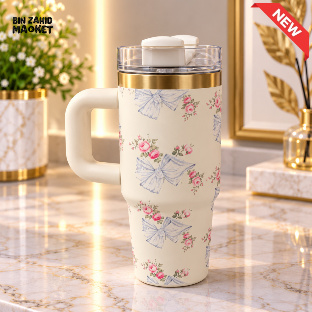MINI CREAM FLORAL & BLUE BOW STAINLESS STEEL INSULATED TUMBLER WITH HANDLE