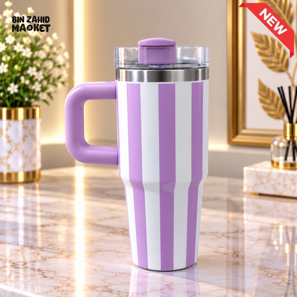 MINI LAVENDER & WHITE STRIPED STAINLESS STEEL INSULATED TUMBLER WITH HANDLE