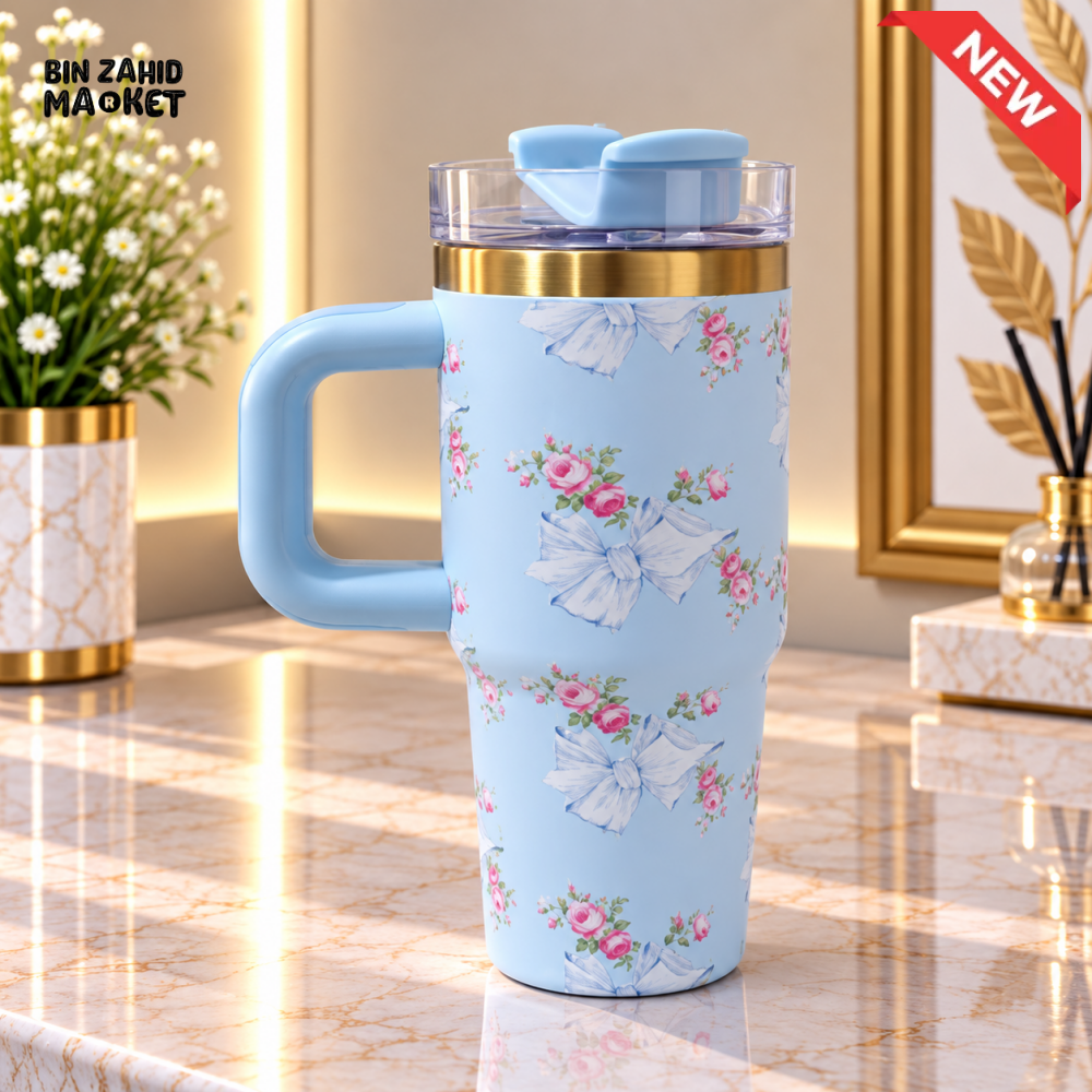 MINI PASTEL BLUE FLORAL BOW STAINLESS STEEL INSULATED TUMBLER WITH HANDLE