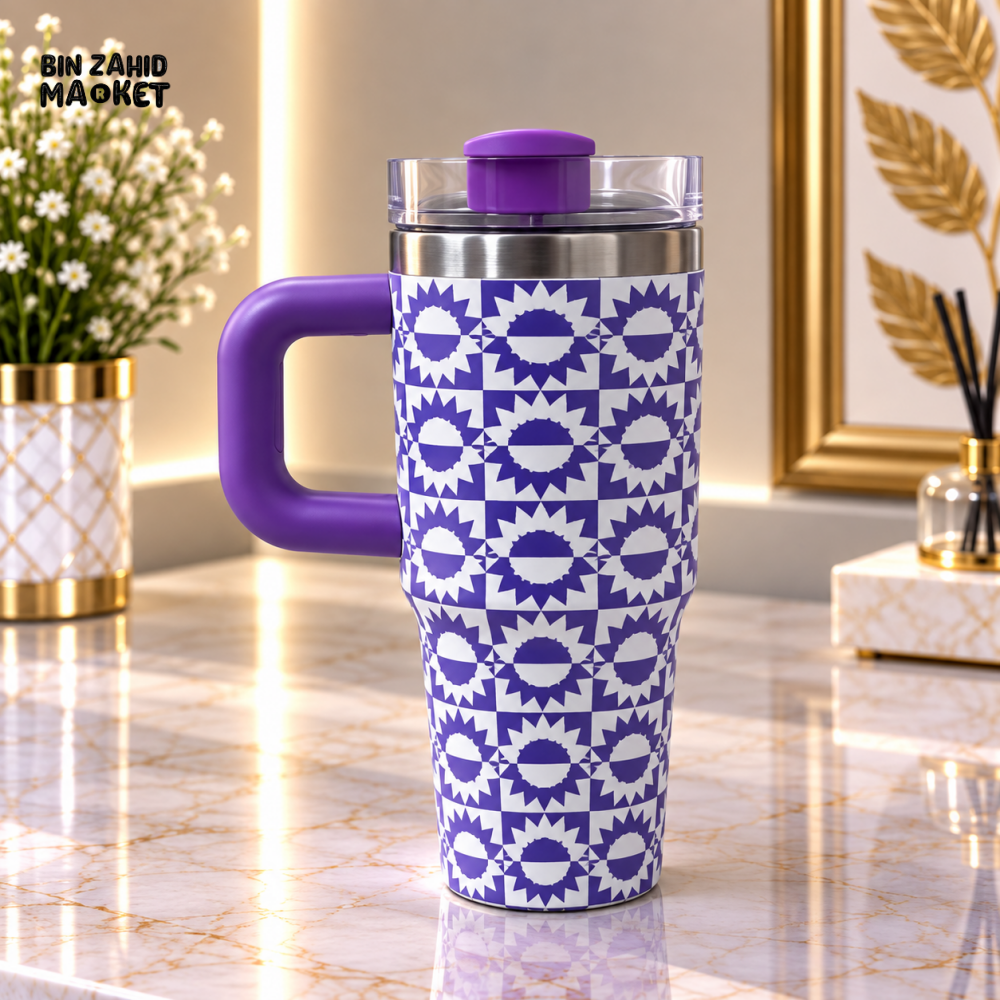 MINI PURPLE & WHITE GEOMETRIC PRINT STAINLESS STEEL INSULATED TUMBLER WITH HANDLE