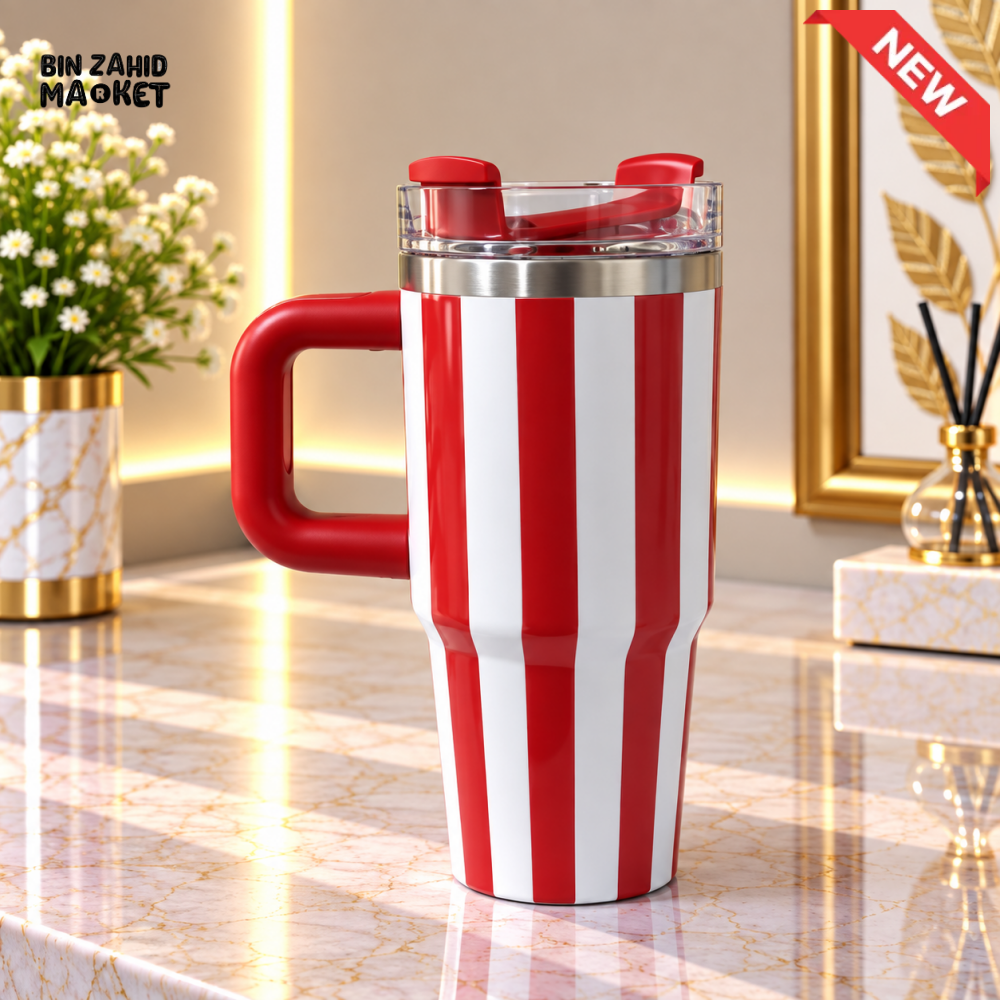 MINI RED & WHITE STRIPED STAINLESS STEEL INSULATED TUMBLER WITH HANDLE