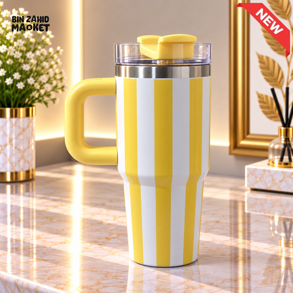 MINI YELLOW & WHITE STRIPED STAINLESS STEEL INSULATED TUMBLER WITH HANDLE