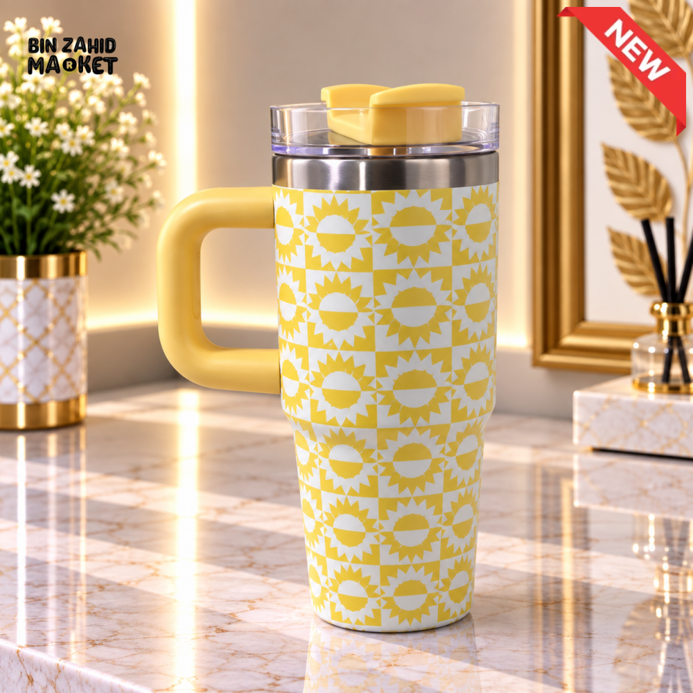 MINI YELLOW & WHITE SUNBURST PRINT STAINLESS STEEL INSULATED TUMBLER WITH HANDLE