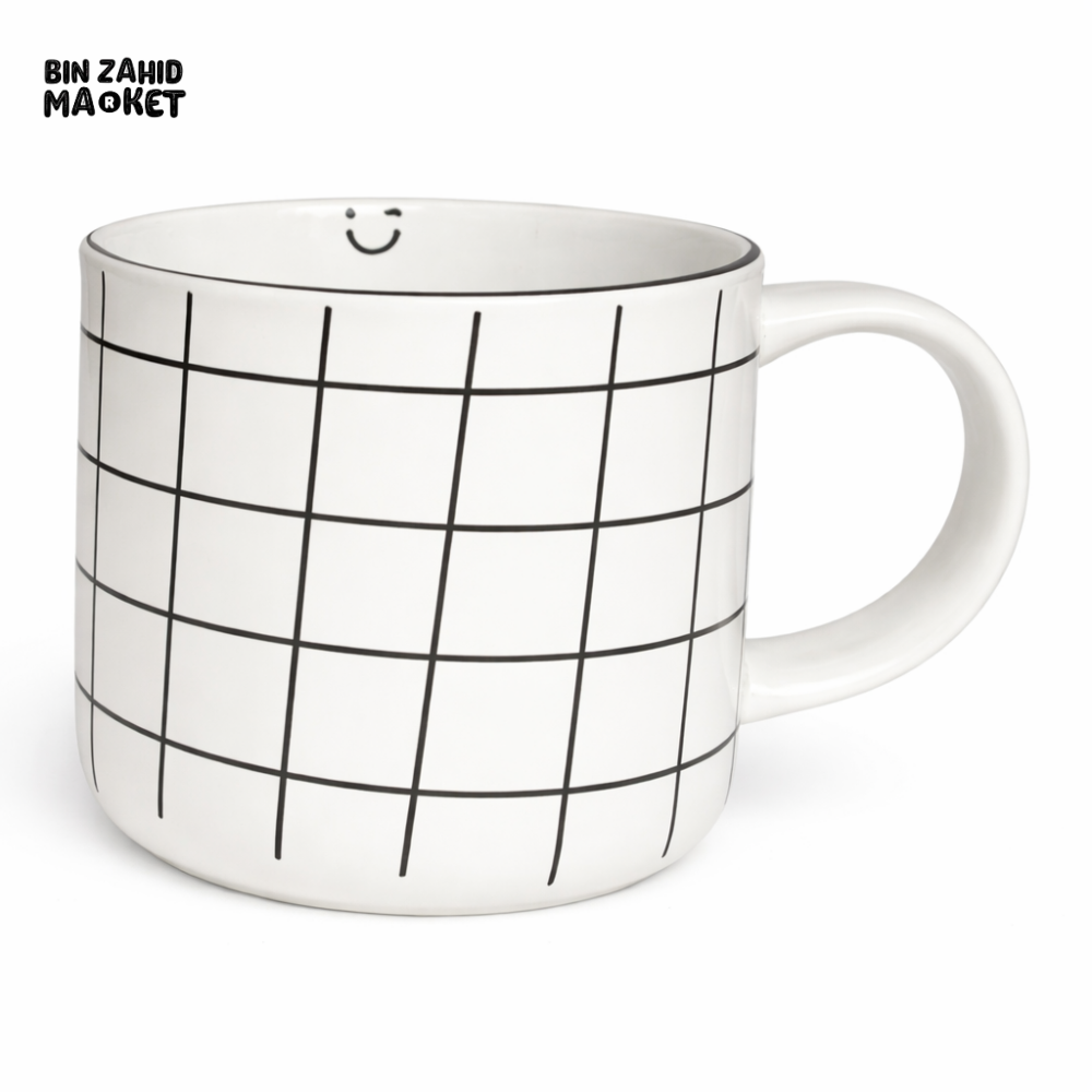 MINIMAL GRID PRINT CERAMIC MUG – WHITE COFFEE CUP WITH BLACK LINE DESIGN
