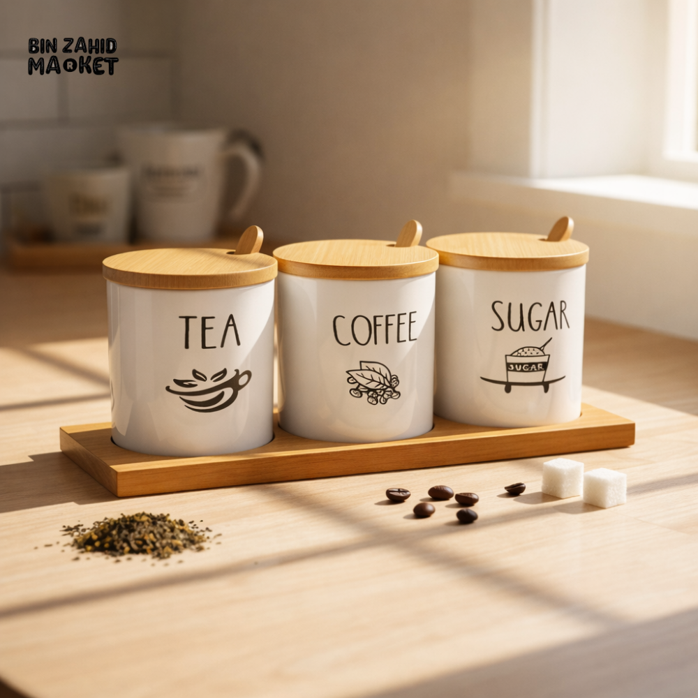 MINIMAL KITCHEN CANISTER SET – TEA COFFEE SUGAR WITH WOODEN TRAY - CIRCLE
