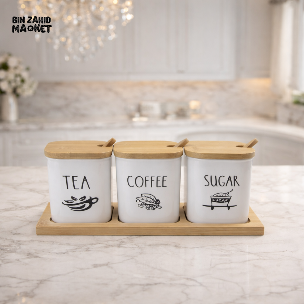 MINIMAL KITCHEN CANISTER SET – TEA COFFEE SUGAR WITH WOODEN TRAY - SQUARE