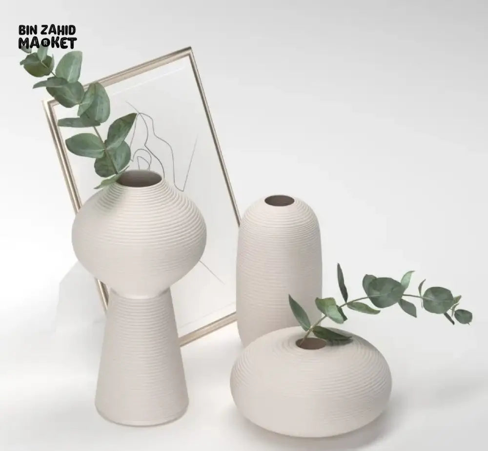 MINIMALIST HANDMADE ZEN VASE WHITE CERAMIC ART DECOR 3 PIECES SET