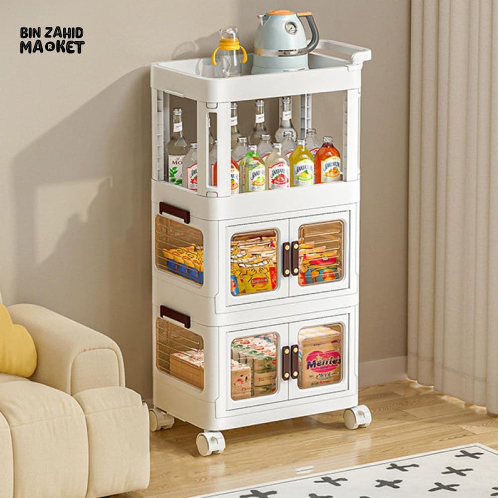 MODERN 3-TIERS STORAGE CABINET WITH MOVEABLE WHEELS