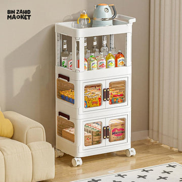 MODERN 3-TIERS STORAGE CABINET WITH MOVEABLE WHEELS