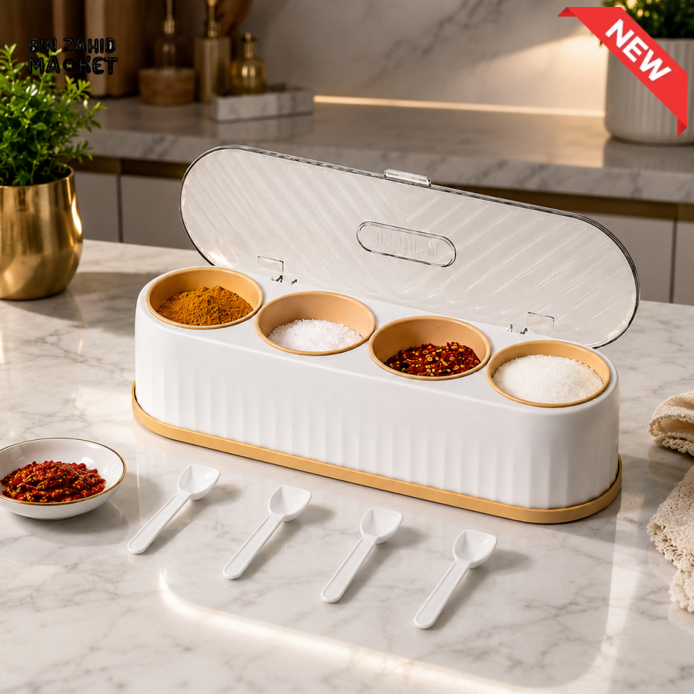 MODERN 4 COMPARTMENT SPICE STORAGE BOX WITH SPOONS