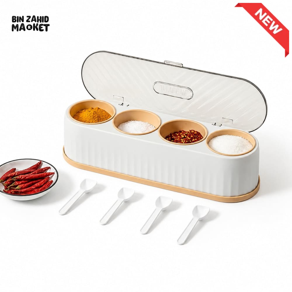 MODERN 4 COMPARTMENT SPICE STORAGE BOX WITH SPOONS