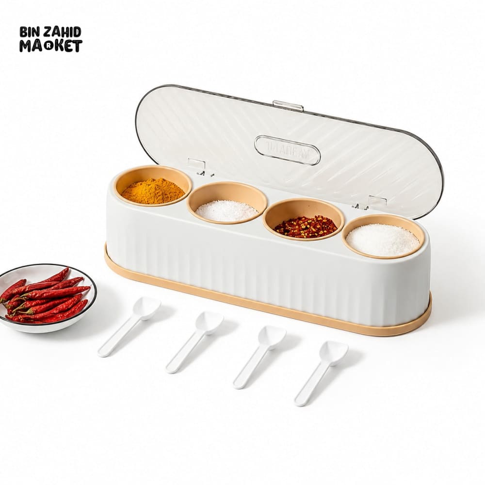 MODERN 4 COMPARTMENT SPICE STORAGE BOX WITH SPOONS