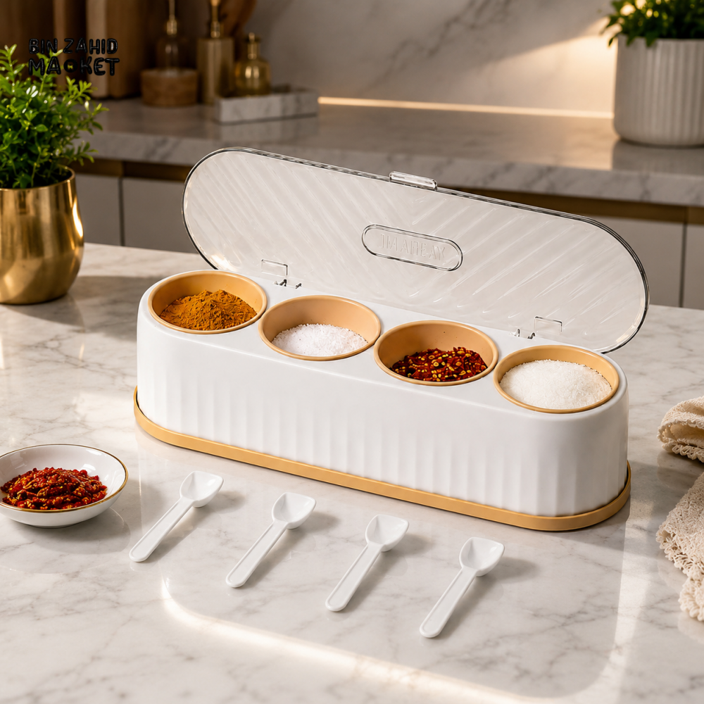 MODERN 4 COMPARTMENT SPICE STORAGE BOX WITH SPOONS