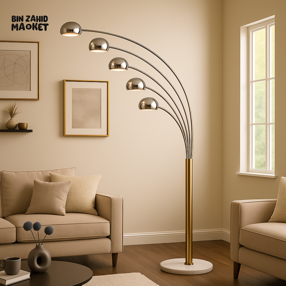 MODERN 5-HEAD ARC FLOOR LAMP – CHROME FINISH WITH MARBLE BASE FOR LUXURY LIVING ROOM & OFFICE DECOR